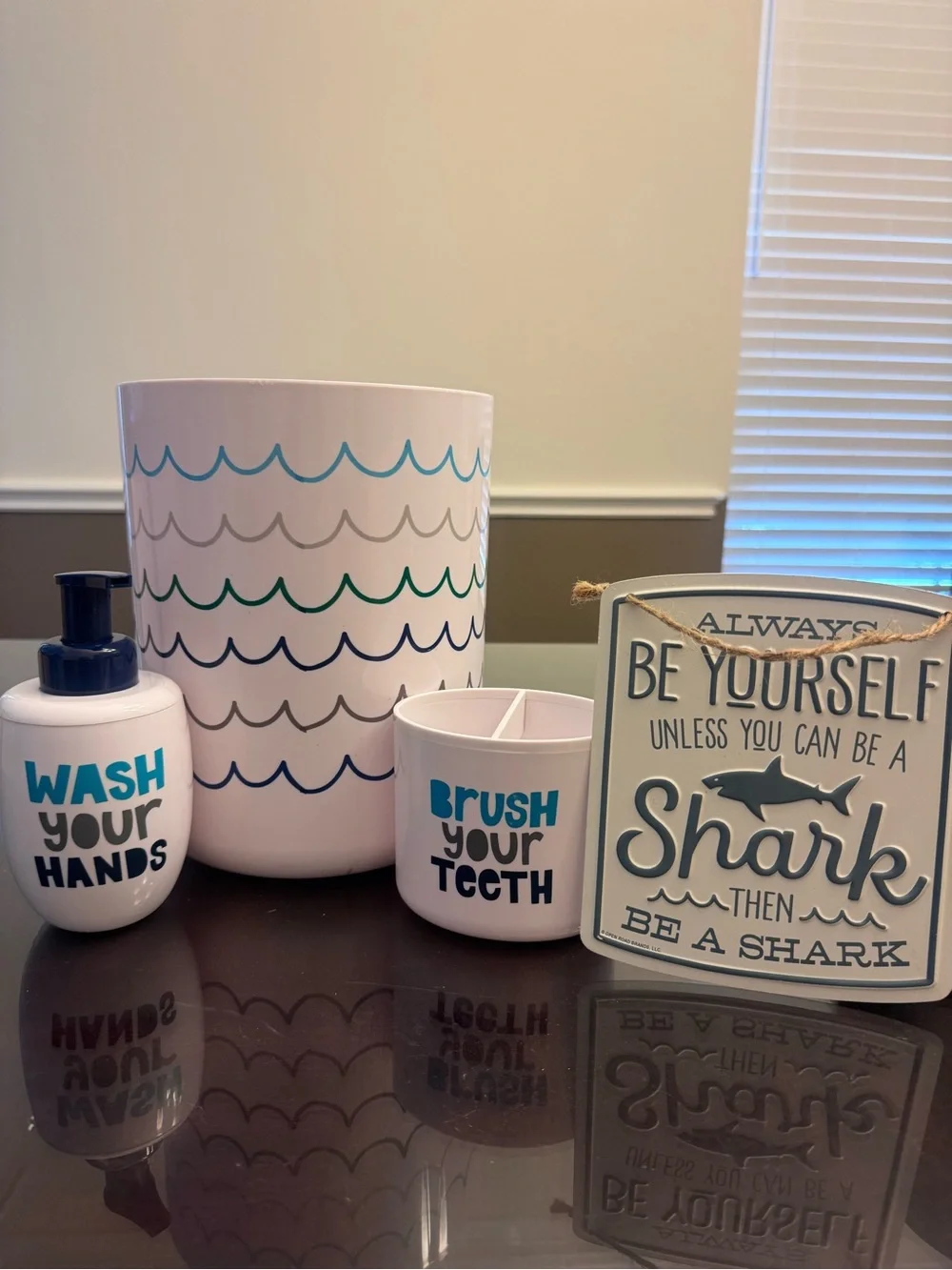 White and Teal Bathroom Accessory Set - Wash & Brush Holder